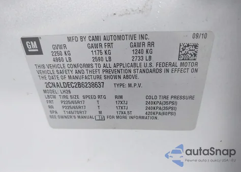 2011 Chevrolet Equinox 1Lt from USA, damaged, VIN 2CNALDEC2B6238637